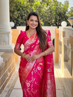 Ranipink soft banarasi silk blend meenakari weaving saree with unstitched blouse 4