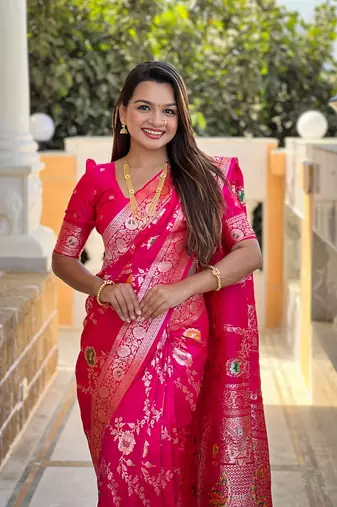 Ranipink soft banarasi silk blend meenakari weaving saree with unstitched blouse
