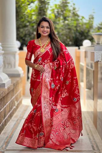 Red soft banarasi silk blend meenakari weaving saree with unstitched blouse