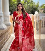 Red soft banarasi silk blend meenakari weaving saree with unstitched blouse