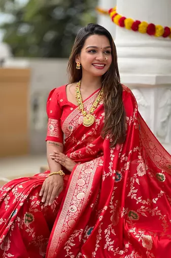Red soft banarasi silk blend meenakari weaving saree with unstitched blouse