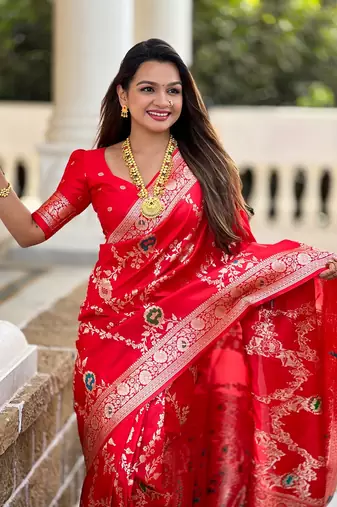 Red soft banarasi silk blend meenakari weaving saree with unstitched blouse