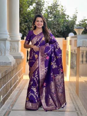 Wine soft banarasi silk blend meenakari weaving saree with unstitched blouse 1