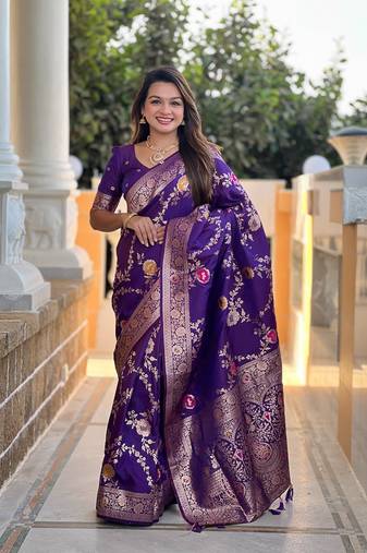 Wine soft banarasi silk blend meenakari weaving saree with unstitched blouse