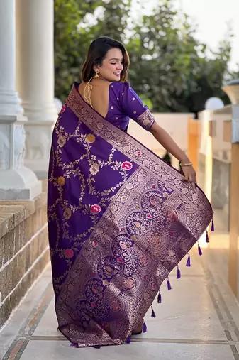 Wine soft banarasi silk blend meenakari weaving saree with unstitched blouse
