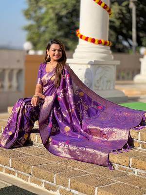 Wine soft banarasi silk blend meenakari weaving saree with unstitched blouse 3