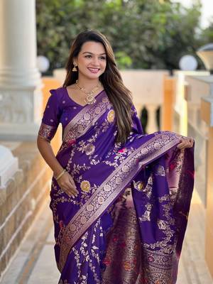 Wine soft banarasi silk blend meenakari weaving saree with unstitched blouse 4