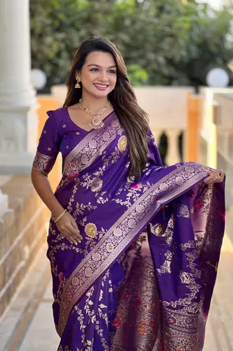 Wine soft banarasi silk blend meenakari weaving saree with unstitched blouse