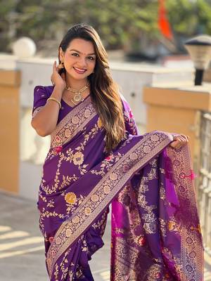 Wine soft banarasi silk blend meenakari weaving saree with unstitched blouse 5