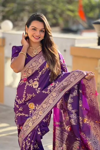 Wine soft banarasi silk blend meenakari weaving saree with unstitched blouse