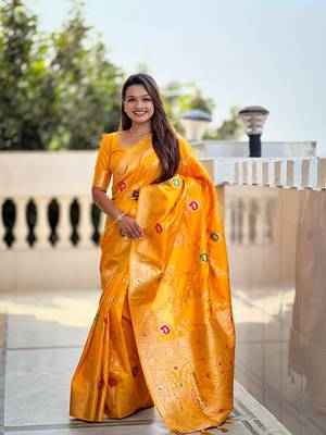 Yellow soft banarasi silk blend meenakari weaving saree with unstitched blouse 1