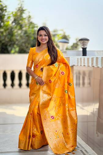 Yellow soft banarasi silk blend meenakari weaving saree with unstitched blouse