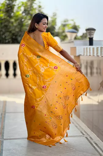 Yellow soft banarasi silk blend meenakari weaving saree with unstitched blouse