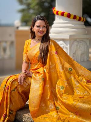 Yellow soft banarasi silk blend meenakari weaving saree with unstitched blouse 3