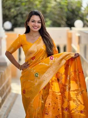 Yellow soft banarasi silk blend meenakari weaving saree with unstitched blouse 4