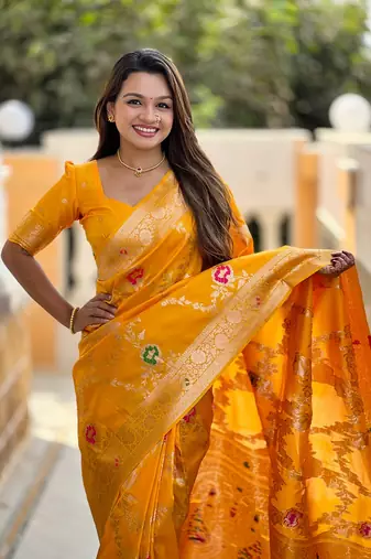 Yellow soft banarasi silk blend meenakari weaving saree with unstitched blouse