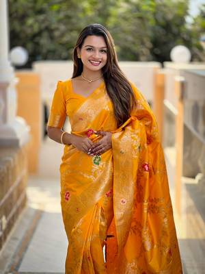 Yellow soft banarasi silk blend meenakari weaving saree with unstitched blouse 5
