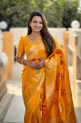 Yellow soft banarasi silk blend meenakari weaving saree with unstitched blouse
