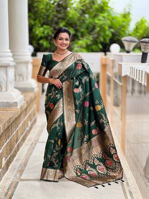 Green soft banarasi silk blend meenakari weaving saree with unstitched blouse 1
