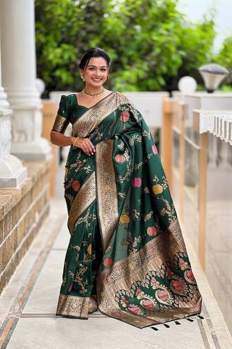 Green soft banarasi silk blend meenakari weaving saree with unstitched blouse