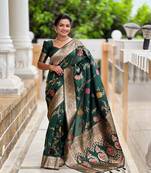 Green soft banarasi silk blend meenakari weaving saree with unstitched blouse