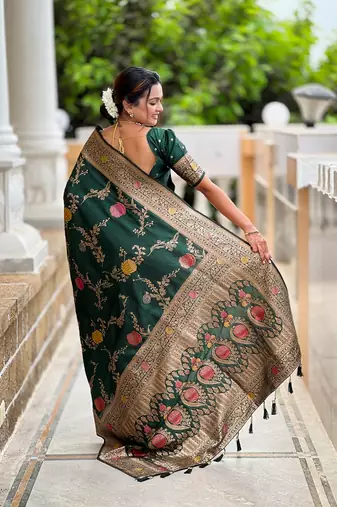 Green soft banarasi silk blend meenakari weaving saree with unstitched blouse