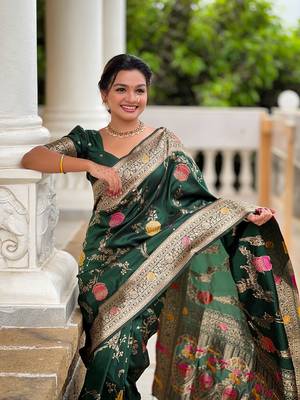 Green soft banarasi silk blend meenakari weaving saree with unstitched blouse 4