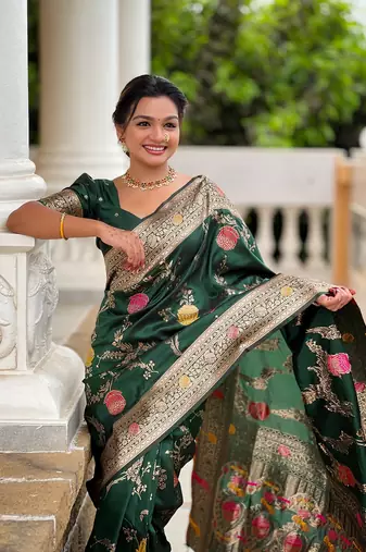 Green soft banarasi silk blend meenakari weaving saree with unstitched blouse