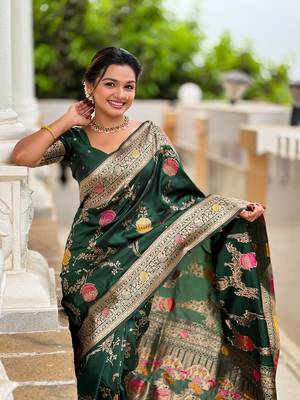 Green soft banarasi silk blend meenakari weaving saree with unstitched blouse 5