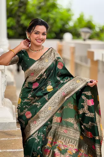 Green soft banarasi silk blend meenakari weaving saree with unstitched blouse