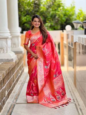 Gajari soft banarasi silk blend meenakari weaving saree with unstitched blouse 1