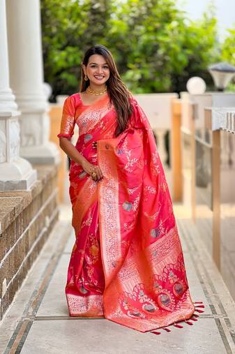 Gajari soft banarasi silk blend meenakari weaving saree with unstitched blouse
