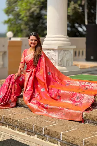 Gajari soft banarasi silk blend meenakari weaving saree with unstitched blouse
