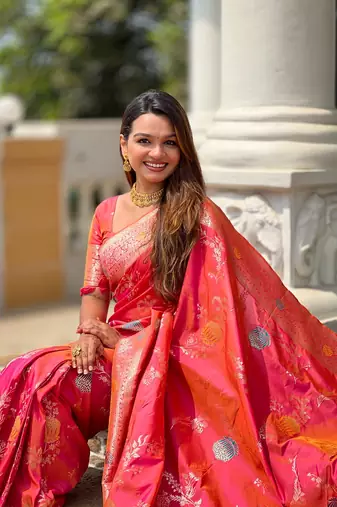 Gajari soft banarasi silk blend meenakari weaving saree with unstitched blouse