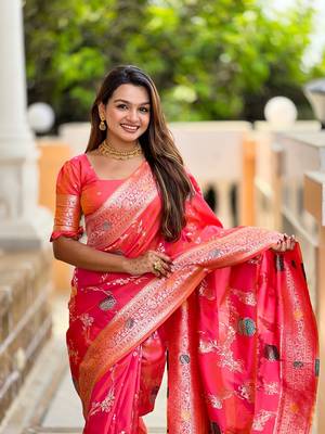 Gajari soft banarasi silk blend meenakari weaving saree with unstitched blouse 5