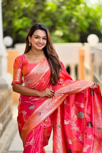 Gajari soft banarasi silk blend meenakari weaving saree with unstitched blouse