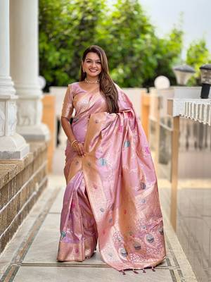 Lavender soft banarasi silk blend meenakari weaving saree with unstitched blouse 1