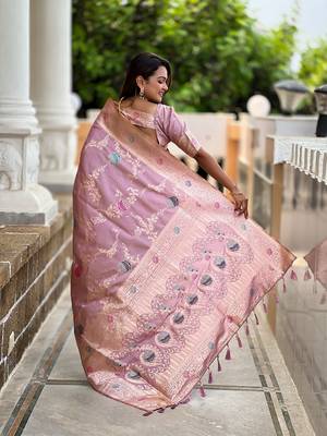 Lavender soft banarasi silk blend meenakari weaving saree with unstitched blouse 2