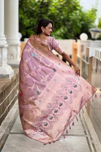 Lavender soft banarasi silk blend meenakari weaving saree with unstitched blouse