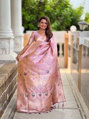 Lavender soft banarasi silk blend meenakari weaving saree with unstitched blouse 3