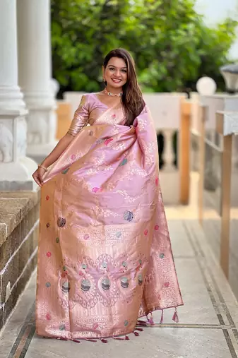Lavender soft banarasi silk blend meenakari weaving saree with unstitched blouse