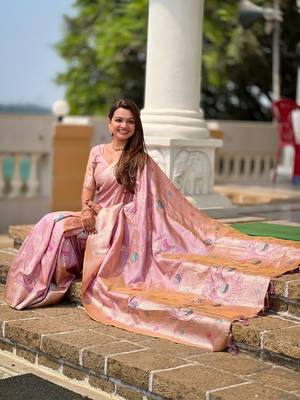 Lavender soft banarasi silk blend meenakari weaving saree with unstitched blouse 4