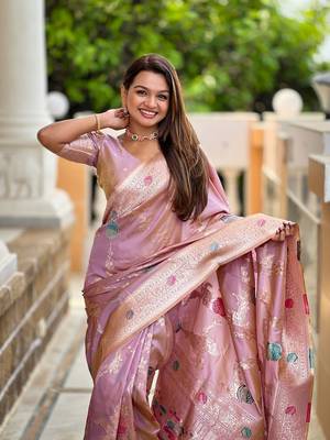 Lavender soft banarasi silk blend meenakari weaving saree with unstitched blouse 5