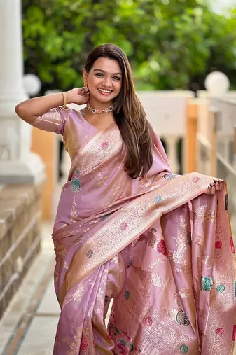 Lavender soft banarasi silk blend meenakari weaving saree with unstitched blouse