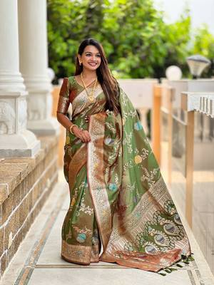 Mehendi soft banarasi silk blend meenakari weaving saree with unstitched blouse 1