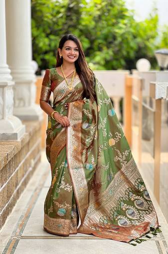 Mehendi soft banarasi silk blend meenakari weaving saree with unstitched blouse