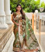 Mehendi soft banarasi silk blend meenakari weaving saree with unstitched blouse