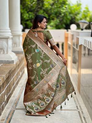 Mehendi soft banarasi silk blend meenakari weaving saree with unstitched blouse 2