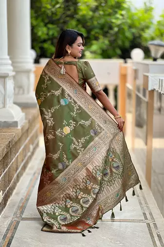 Mehendi soft banarasi silk blend meenakari weaving saree with unstitched blouse