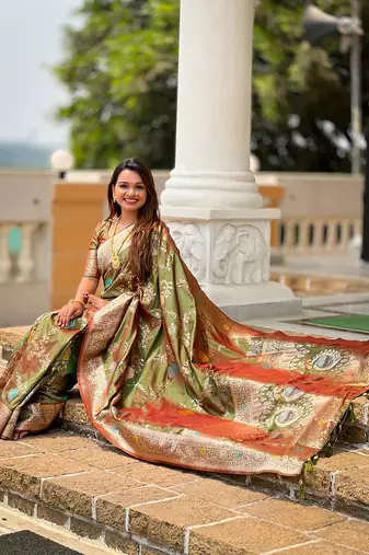 Mehendi soft banarasi silk blend meenakari weaving saree with unstitched blouse
